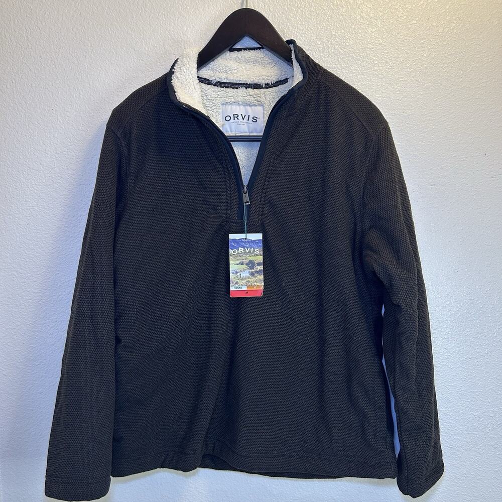 NEW Orvis Sherpa Lined Fleece 1/4 Zip Pullover Sweater Mens Size Medium Brown